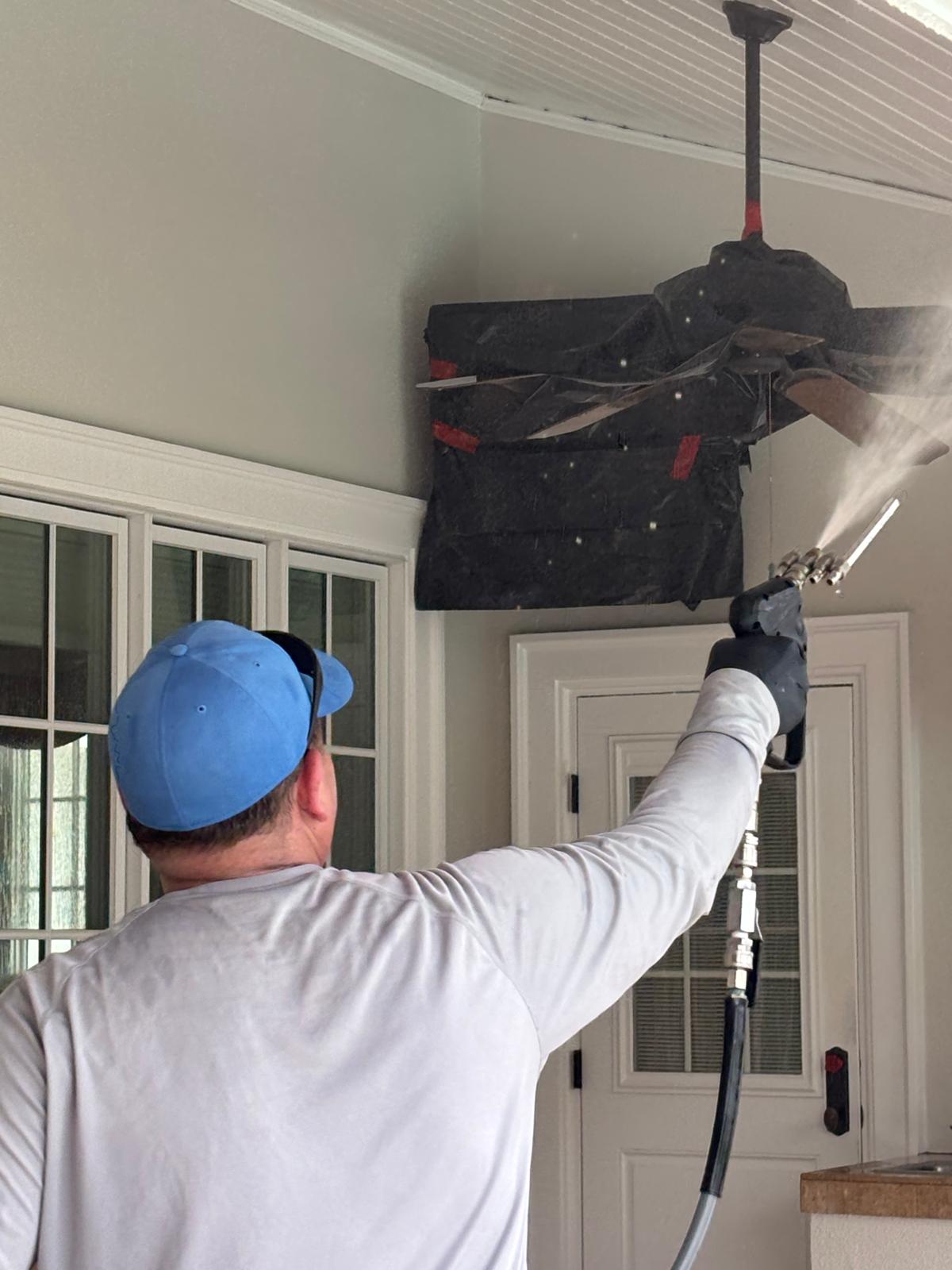 Soft washing a porch ceiling and crown molding detail near a front entry in Belleair, FL