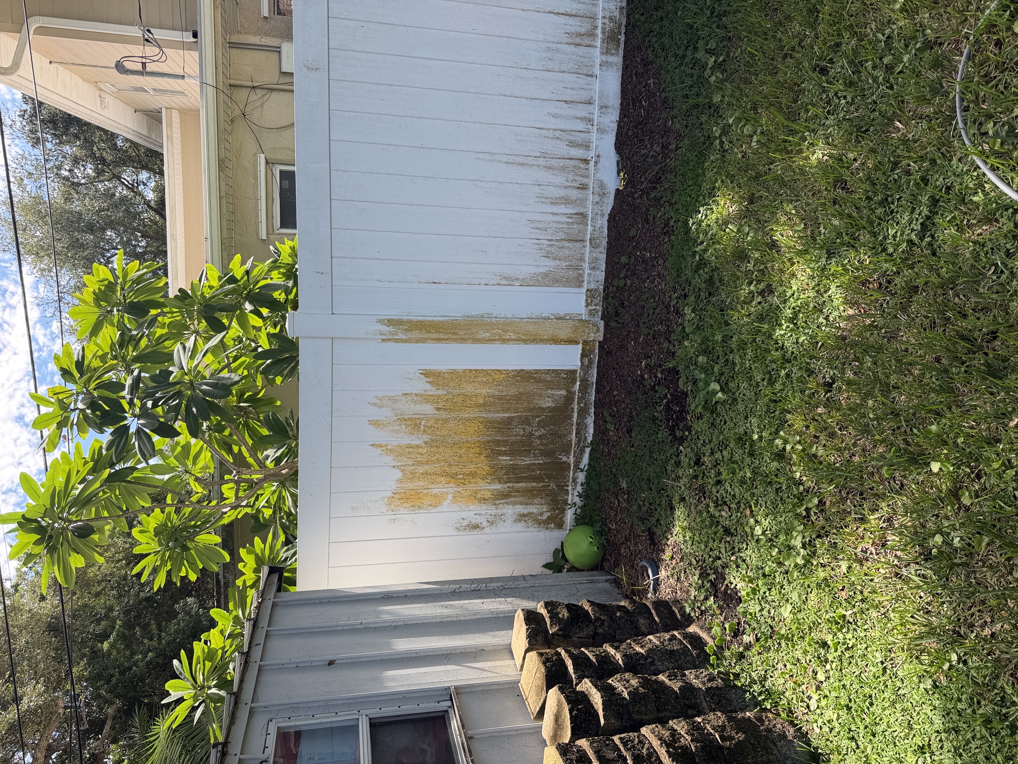Before photo of a white vinyl fence with heavy rust-colored algae staining in Largo, FL