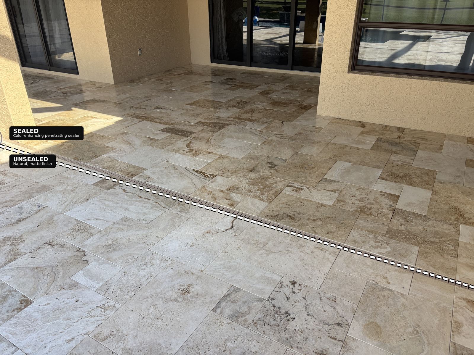 Travertine paver patio before and after color-enhancing penetrating sealer application in Odessa, FL