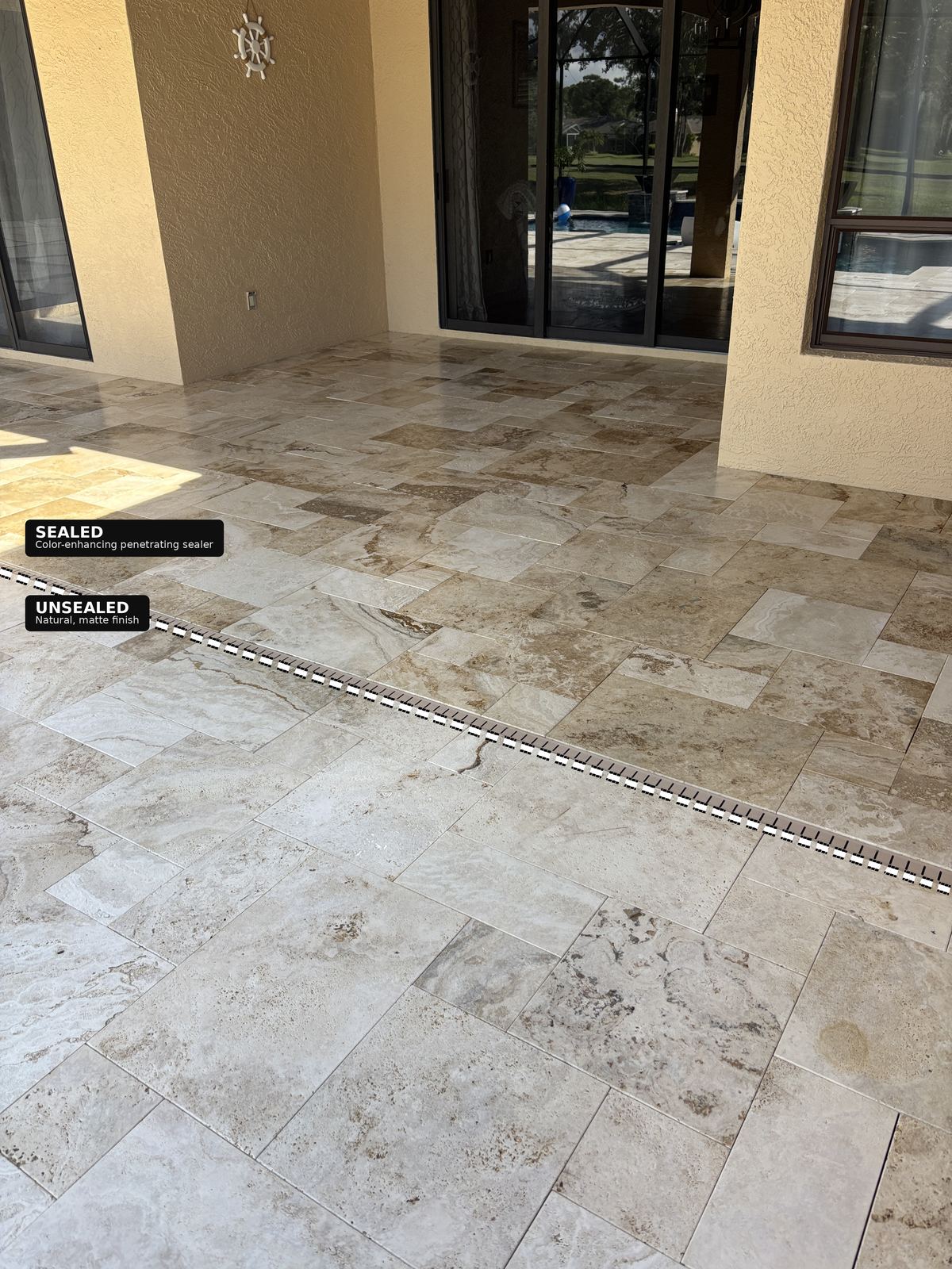 Travertine paver patio before and after color-enhancing penetrating sealer application in Odessa, FL