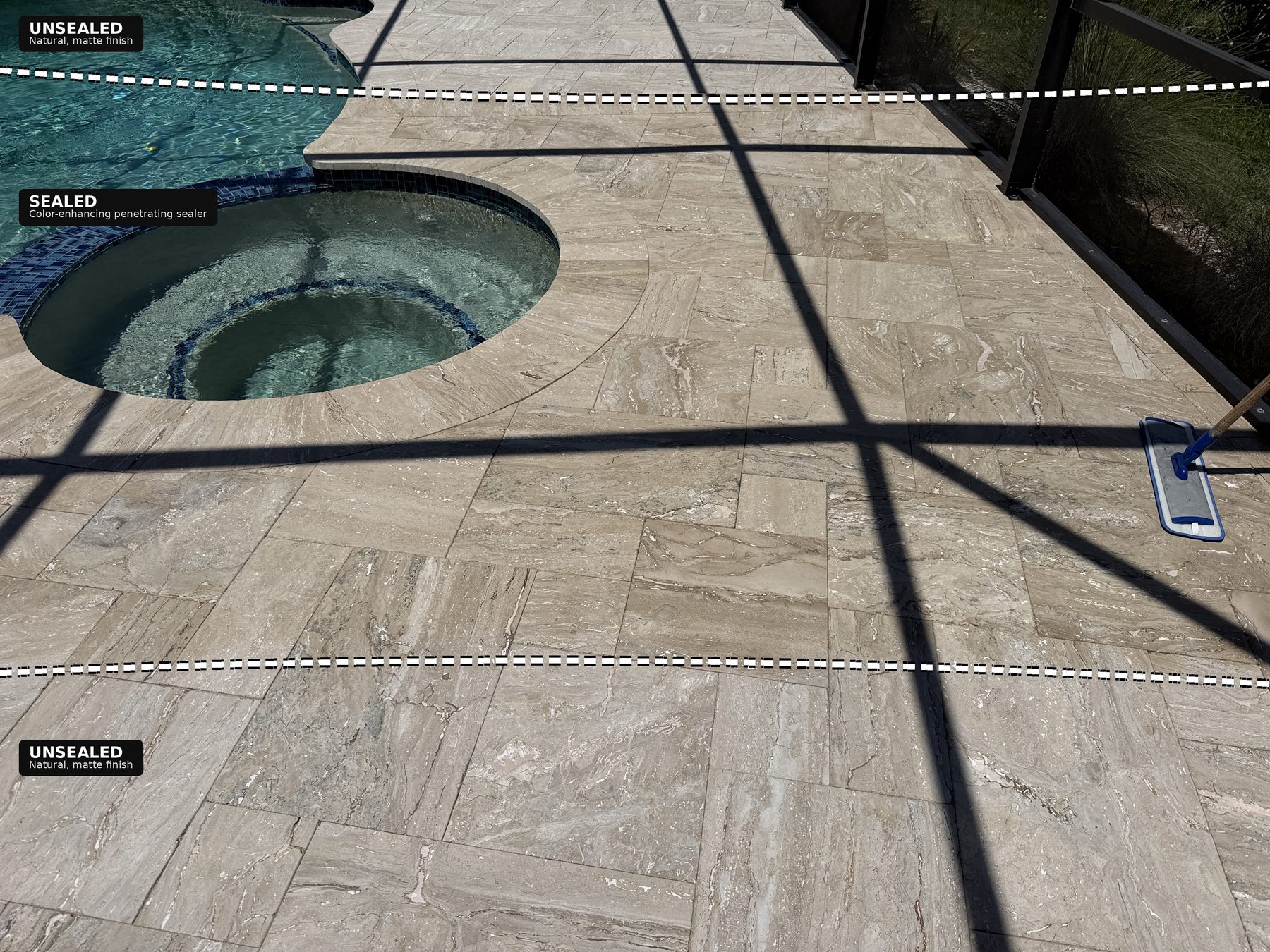 Travertine pool and spa deck with color-enhancing penetrating sealer applied, unsealed sections visible for comparison, Largo, FL