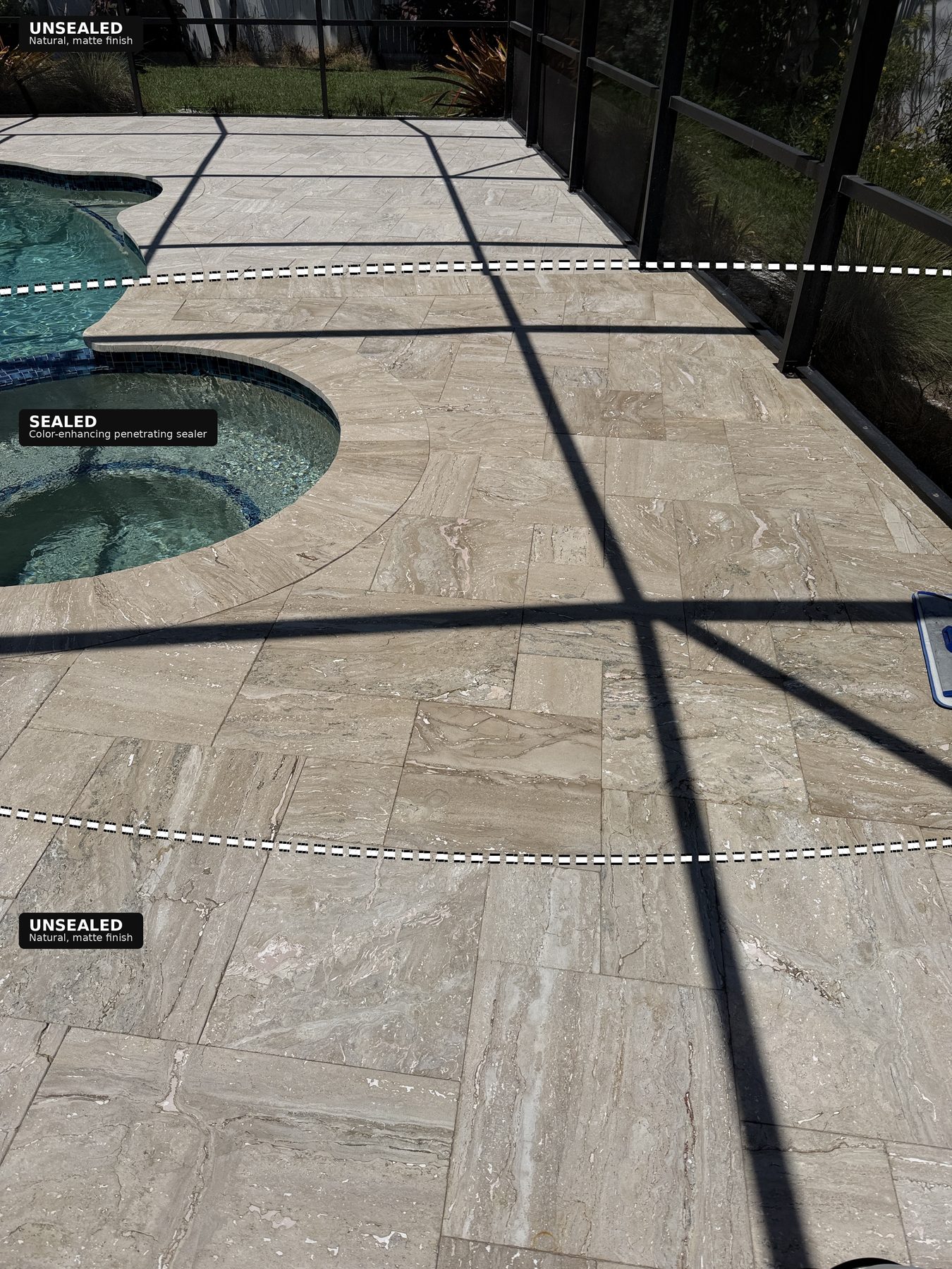 Travertine pool deck showing unsealed versus sealed sections with a color-enhancing penetrating sealer in Largo, FL